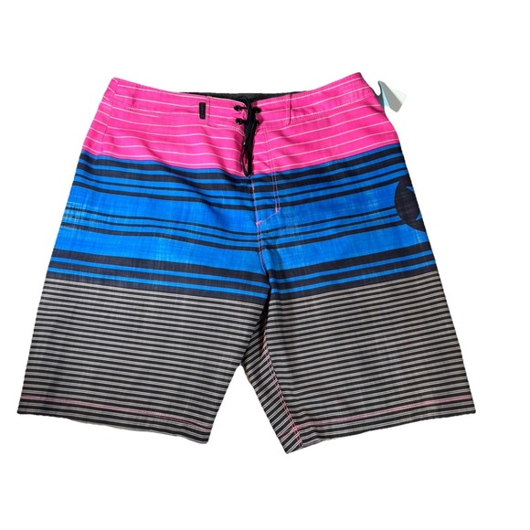 Hurley Men's 31 Pink Blue Black Gray Stripe Surf Swim Beach Board Shorts - Picture 1 of 7